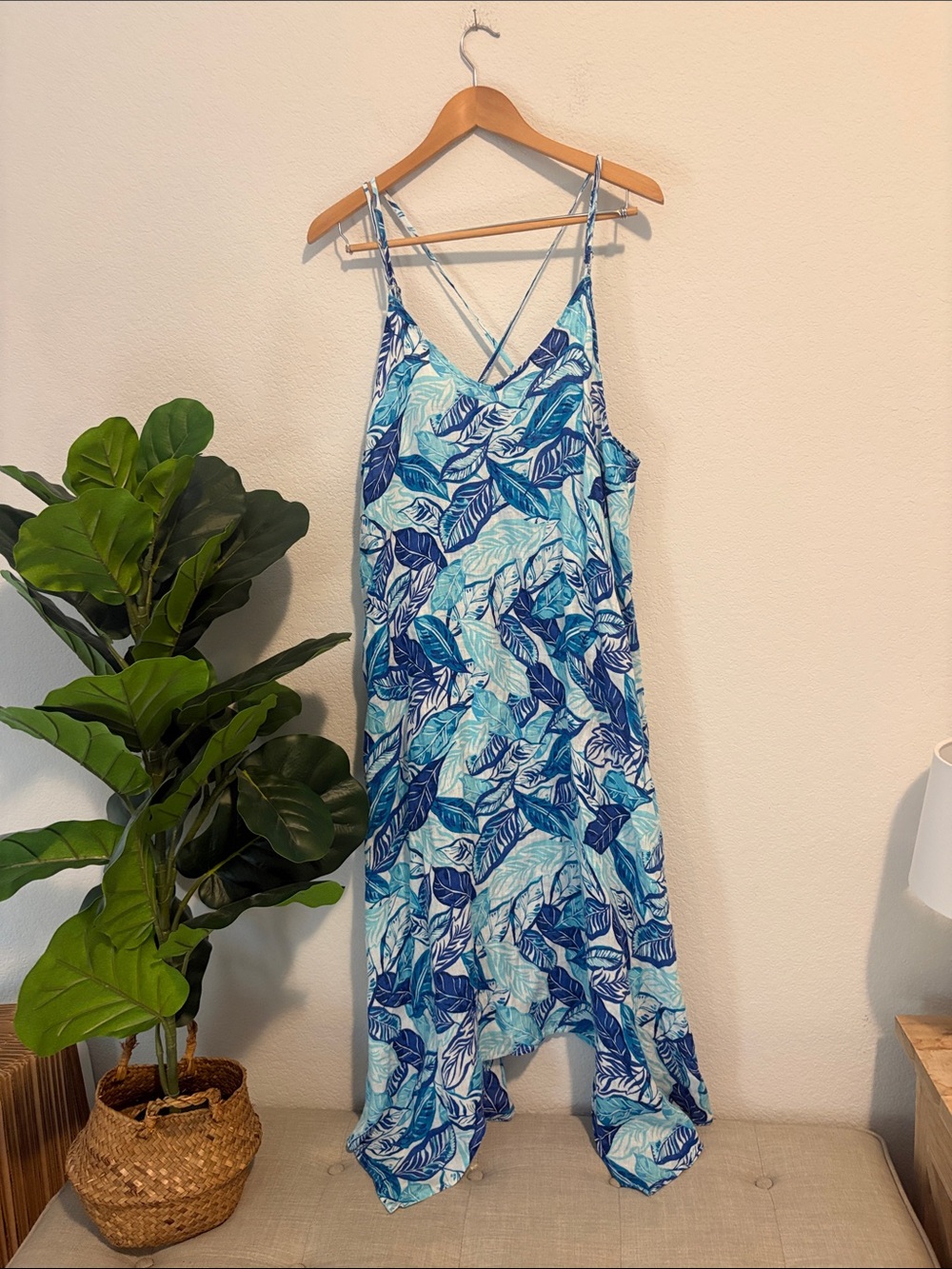 Sigrid Olsen Blue Leaf-Print Asymmetrical linen Slip Dress